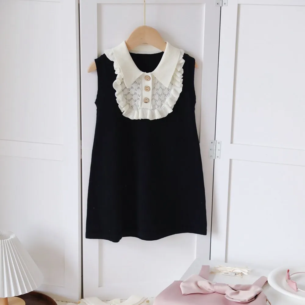 

Детская одежда для девочек, летнее платье, вязаное платье без рукавов, белое кружево с грибком, черно-белое лоскутное платье