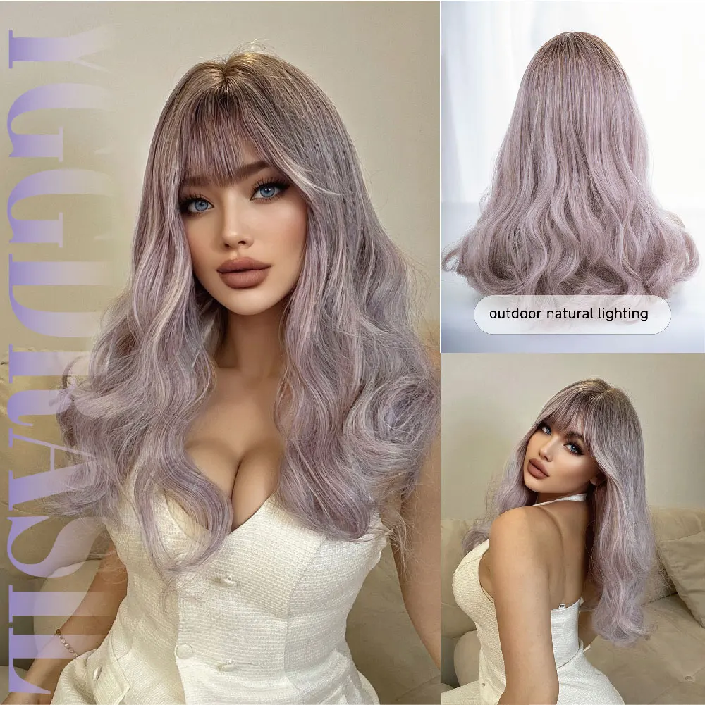 22Inch Ash Purple Celebrity Style Synthetic Wigs with Bangs Medium Water Wave Hair Wig For Women Cosplay Party Heat Resistant