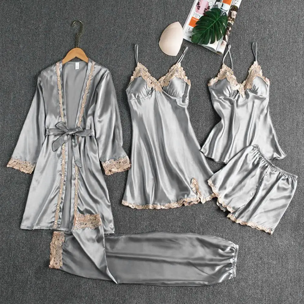 

5-piece Pajama Set Silky Satin Lace Patchwork Women's Pajamas Set with Top Shorts Pants Loose Lace-up Waist Sleepwear for Women