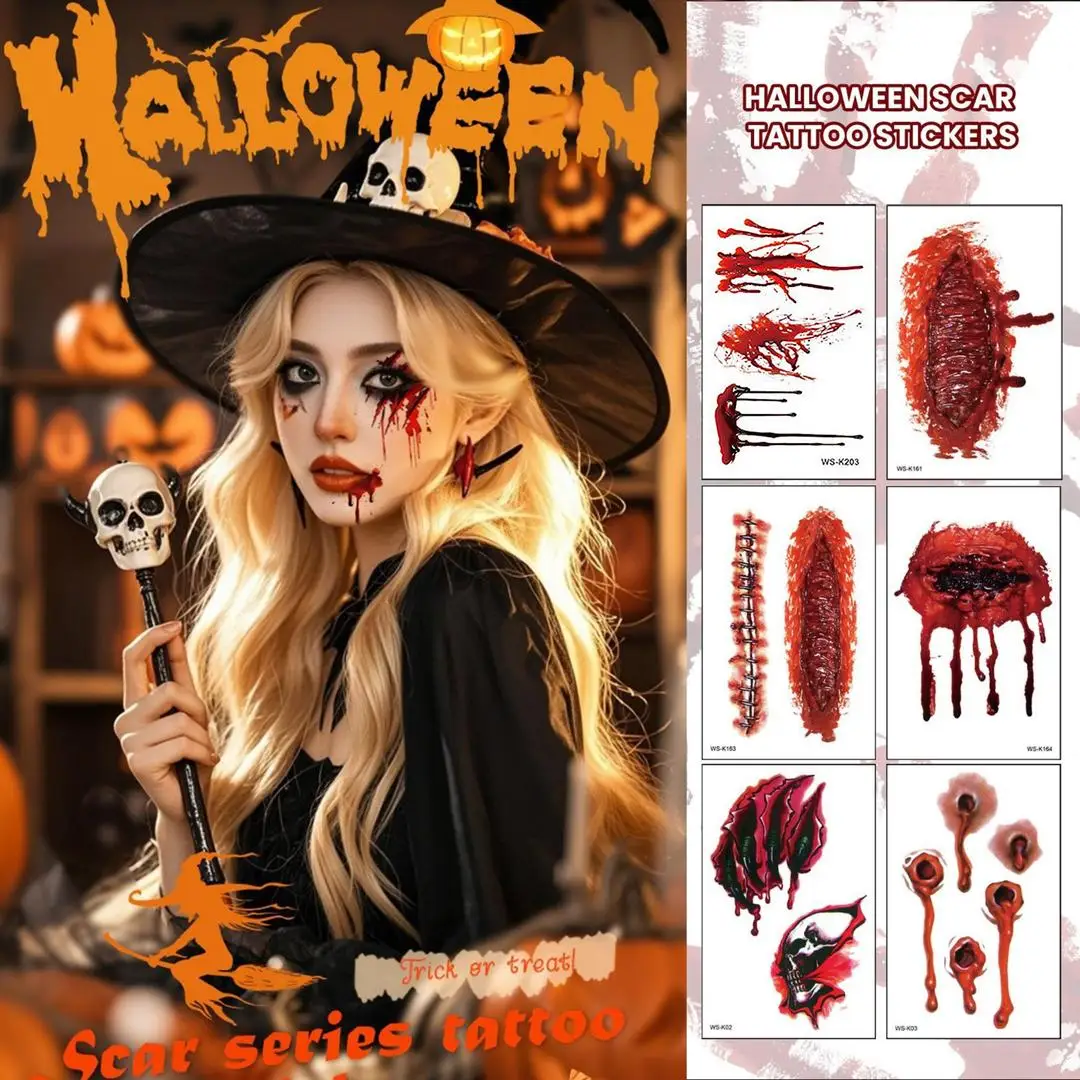 A 10PCS Halloween Temporary Tattoo Stickers Waterproof Bleeding Wound Scar Fake Tattoos Body Decor for Men Women Party Cosplay