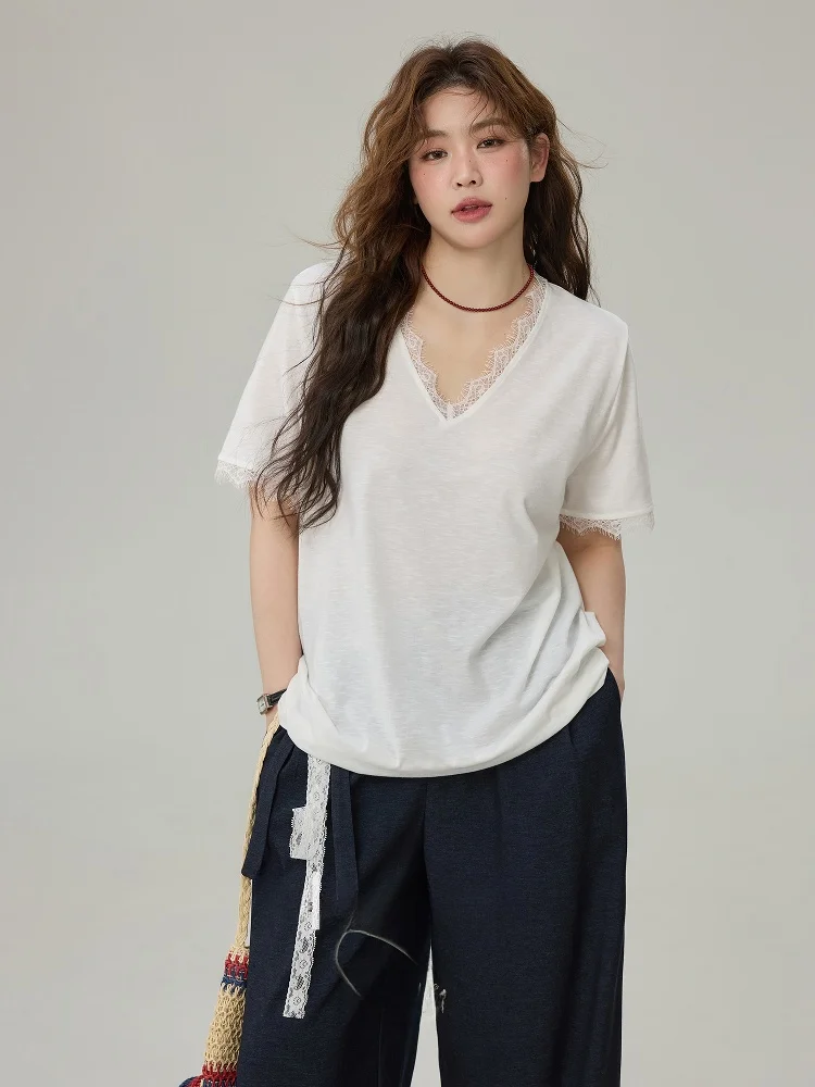 

plus Size Women's Lace Patchwork ort Sve V-Ne T-irt Casual Loose Summer New Sle Comfortable Lazy Sle Top