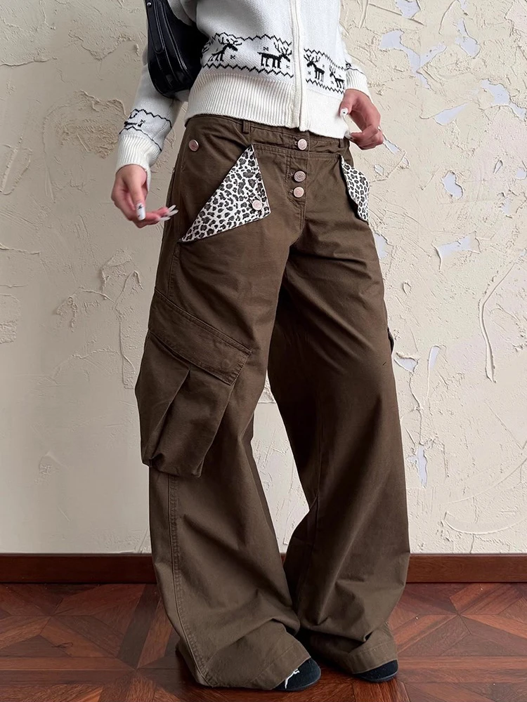REDDACHiC Women Buttoned Low Rise Cargo Pants Leopard Patchwork Multi-pocket Low Waist Baggy Jeans Harajuku Vintage Streetwear