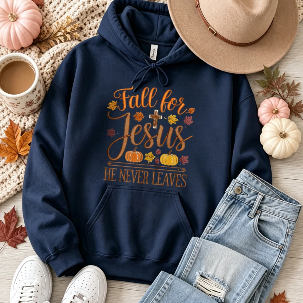 Fall for Jesus He Never Leaves Kürbis-Ahornblatt-Kreuz-Grafik Kapuzenpullover Christlicher Glaube Herbst Lässiger Pullover Oberteil