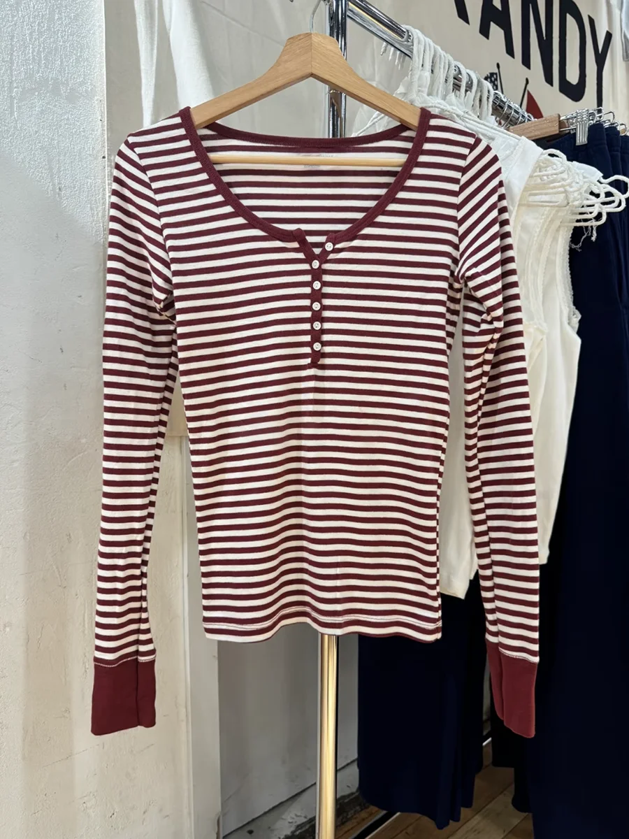 

Vintage Striped Cotton Slim Long Sleeve T-shirt Women Six Buttons Scoop Neck Soft Tee Shirts Autumn Preppy Style Sweet Tees Tops