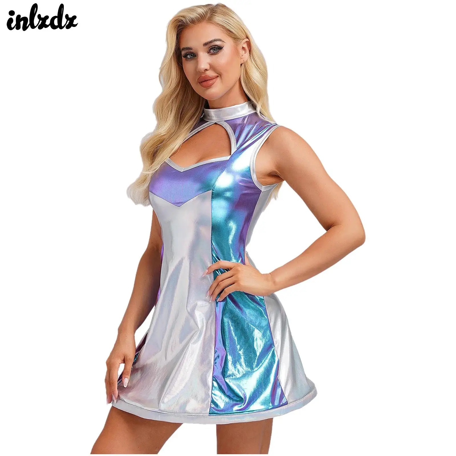 

Womens Outer Space Fighter Alien Astronaut Cosplay Costumes Metallic Shiny Robot Spacewoman Interstellar Dress Roleplay Clothing