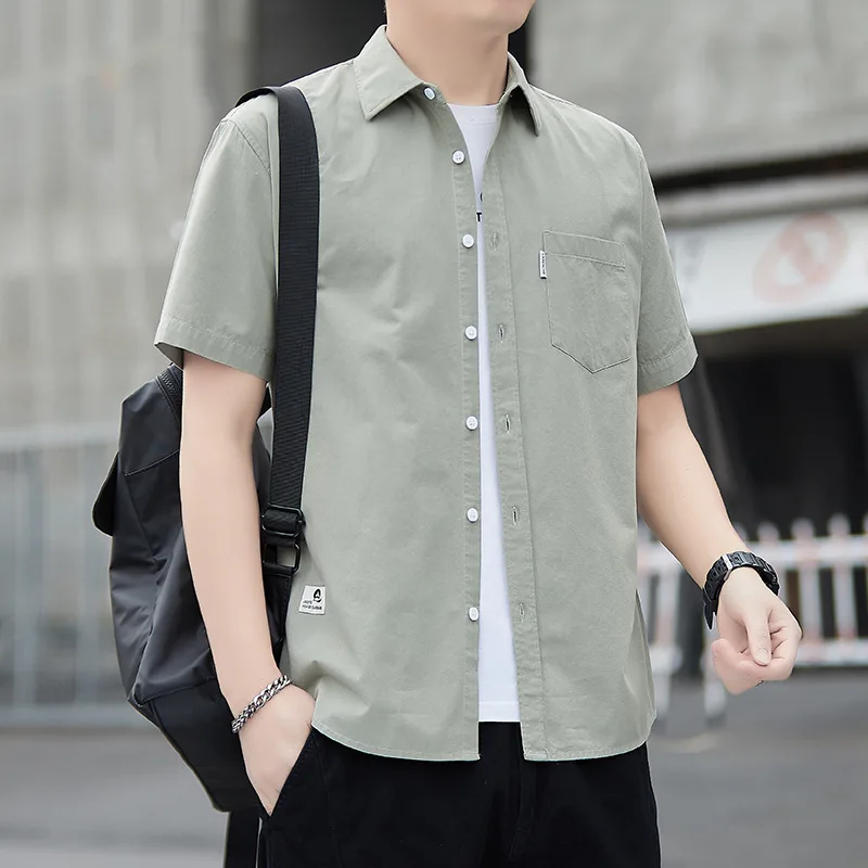 

New 100% cotton men's short-sleeved shirt workwear style casual and trendy solid-color shirt morning gentleman's shirt men's top