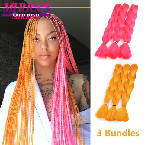 3Packs Jumbo Braids Hair Extensions Pink Orange Fake Hair 24Inch Long Bulk Hair Yaki Texture Synthetic Braiding Hair For Girls