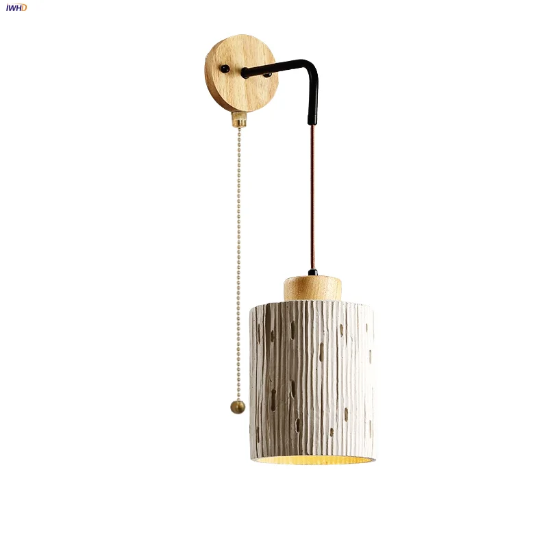 

IWHD Japanese Style LED Wall Light Fixtures Bedroom Restaurant Wood Pull Chain Switch Cement Bedside Lamp Lighting Aplique Pared