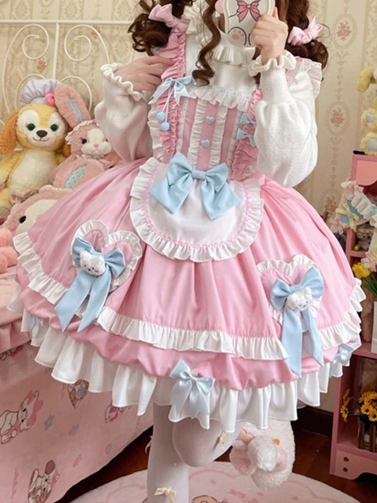 

KIMOKOKM Kawaii Lolita Ruffles Apron Camisole Dress Sweetheart Cosplay Rabbit Princess Bow Vitality Girly Loli Mini Dresses
