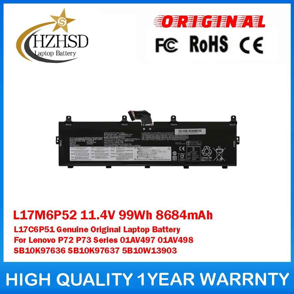 

L17M6P52 11.4V 99Wh 8684mAh L17C6P51 Genuine Original Laptop Battery For Lenovo P72 P73 Series 01AV497/8 SB10K97636/7 5B10W13903