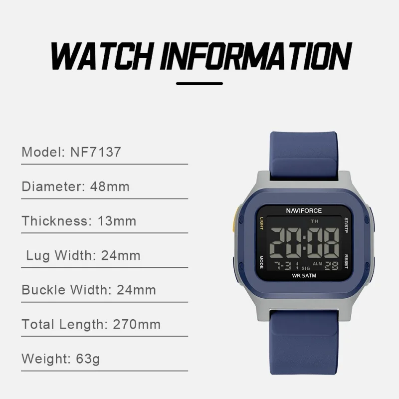 NAVIFORCE NF7137 Sport Waterproof Shockproof Watch with Night Light Calendar Display Silicone Starp Men's Fashion Timepiece 2026
