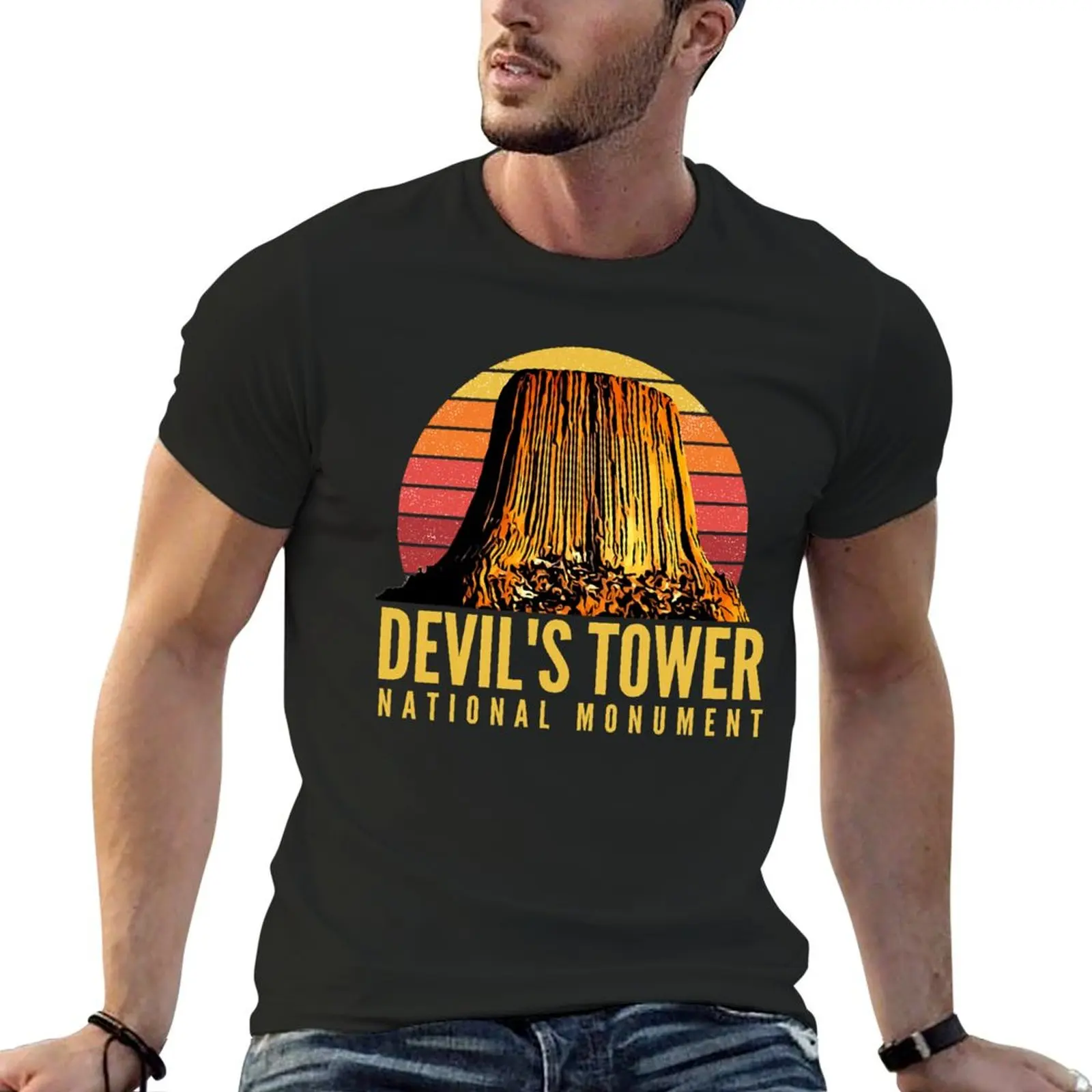 Camiseta Vintage de la Torre del Diablo para hombre, prenda de vestir grande y alta, con temática Nacional de Monumentos turísticos, negra de aduanas, ropa de verano