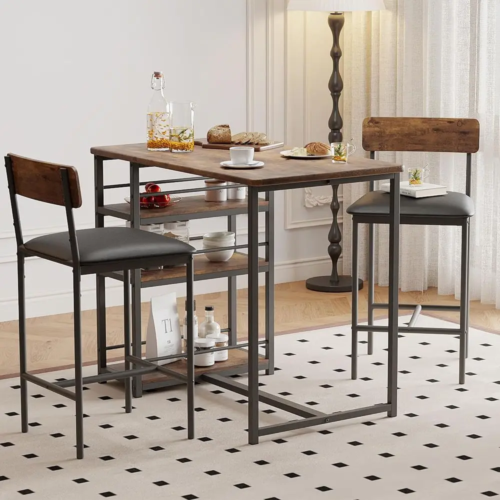

2-Person Counter Height Dining Set with Retro Brown Bar Stools for Small Spaces