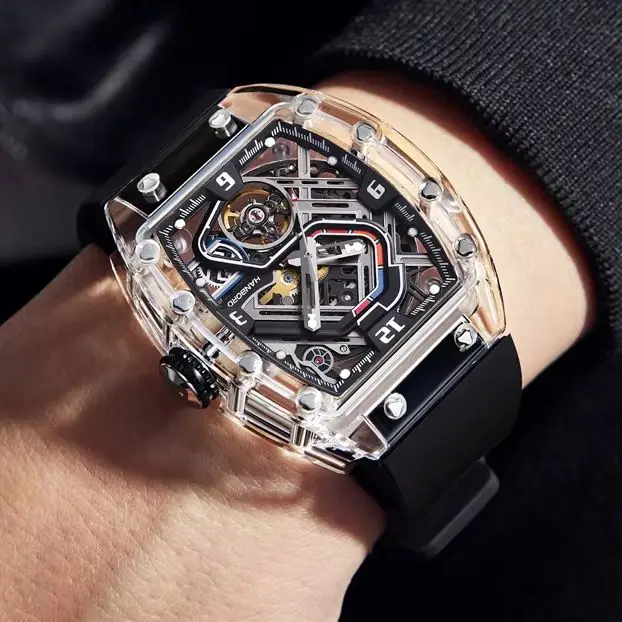 HANBORO Men Automatic Watch 42.5mm Tonneau Mechanical Wristwatch Luminous Acrylic Case Waterproof Racing Track Dial Miyota Mov