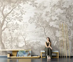 papel de parede TV wall decoration villa light luxury hand-painted black and white gray tree custom painting bedroom sofa