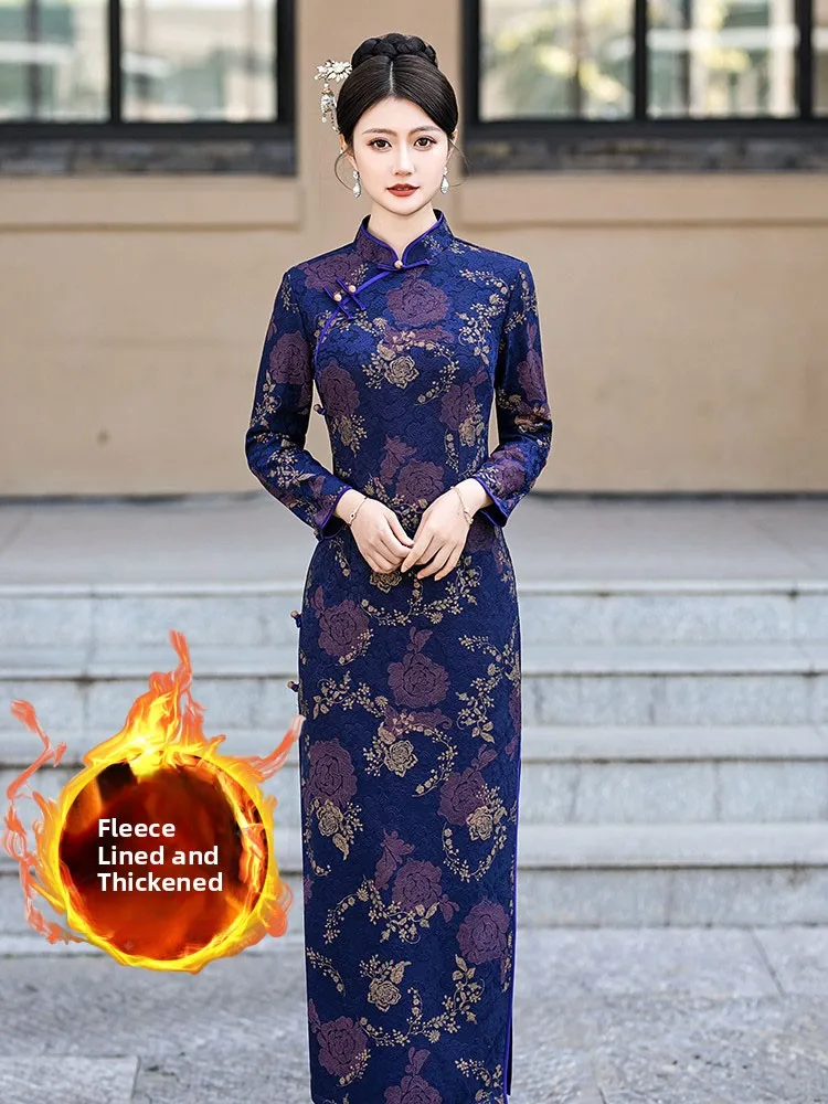 

Утепленное флисовое платье миди с длинным рукавом для повседневной носки, осень-зима, для женщин среднего возраста, большие размеры, теплое