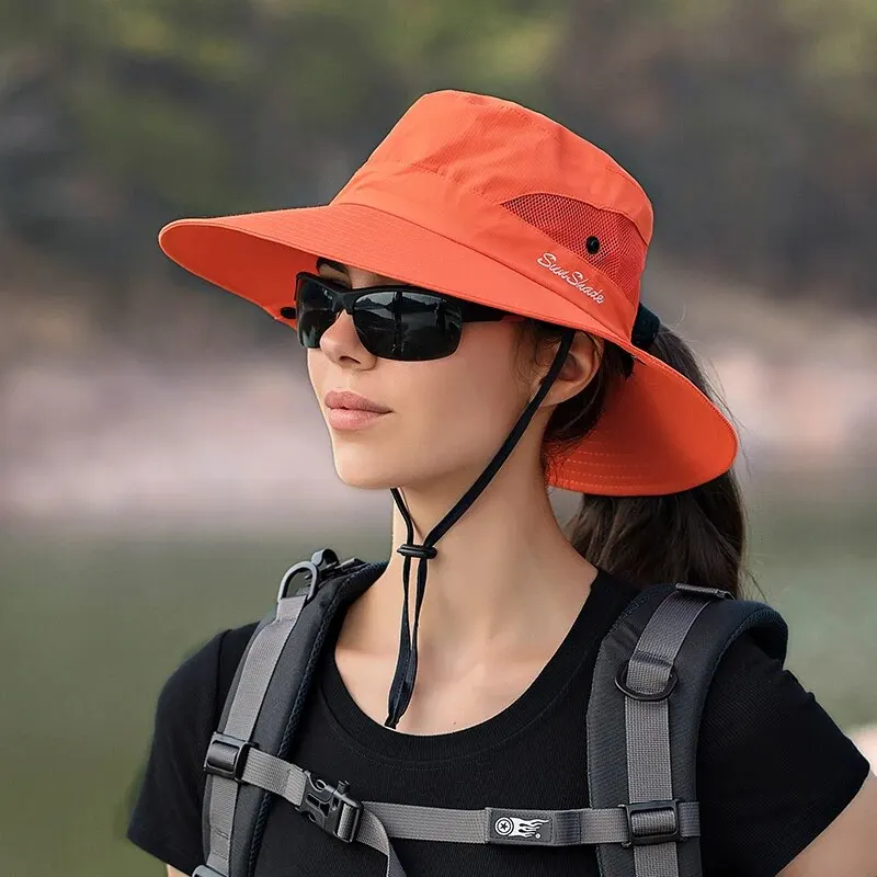 Xinbaoguan 100% Polyester Summer Outdoor Sun Hat, Breathable Sun Hat, Folding Sun Hat, Female Ponytail Hole Fisherman Hat