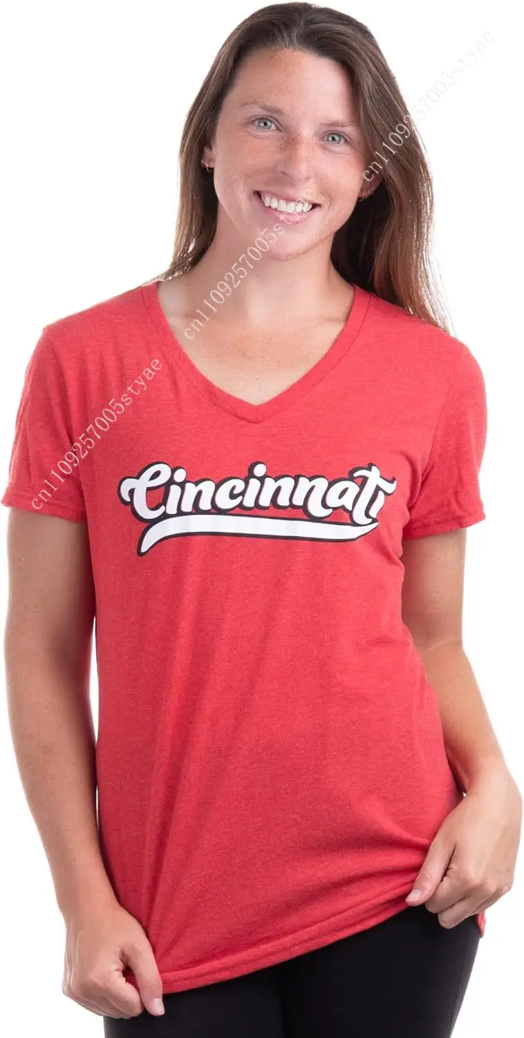 Cincinnati | Classic Retro Black Red Blue Grey Ohio City Pride Newport Fan Women's V-Neck T-Shirt Top T-Shirt