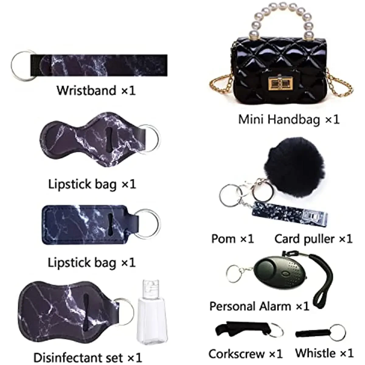 Keychain Holder with Mini Handbag ,Personal Alarm Card Trigger, Wristband ,Key Chains Accessories with Pompom,10PCS/SET