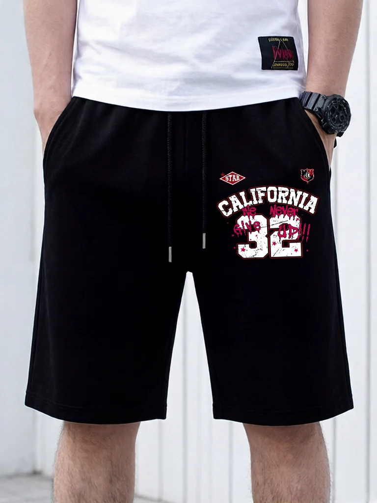 

California Number 32 Never Give Up Design Loose Mans Basics Pants Summer Drawstring Black Wide-Leg Pants Fashion Street Shorts