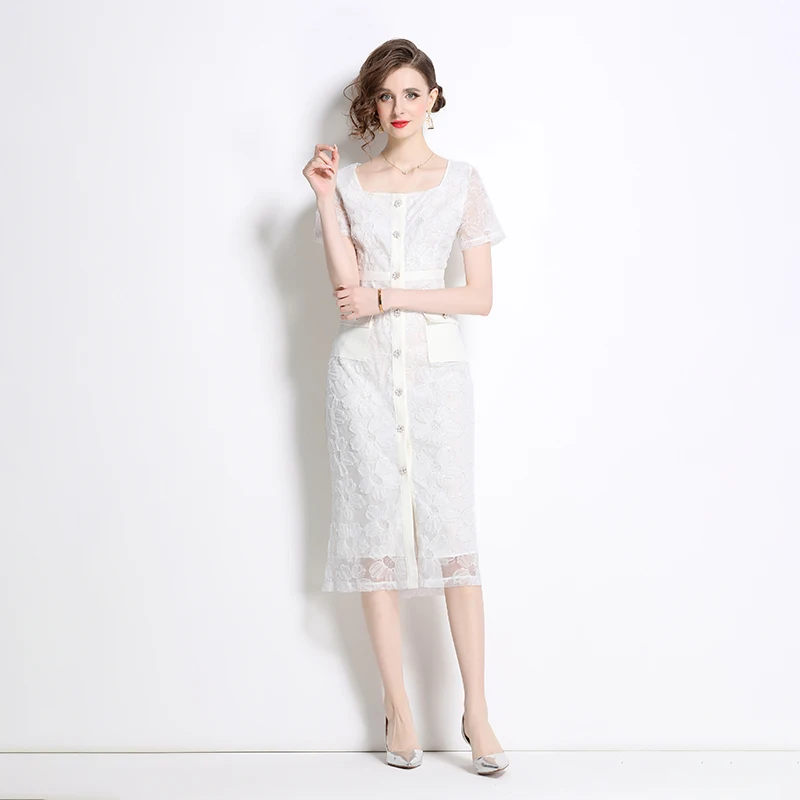 Fashion Runway Summer Lace Sheath Dress Vintage Women Square Collar Button Flower Embroidery Bodycon Long Dresses