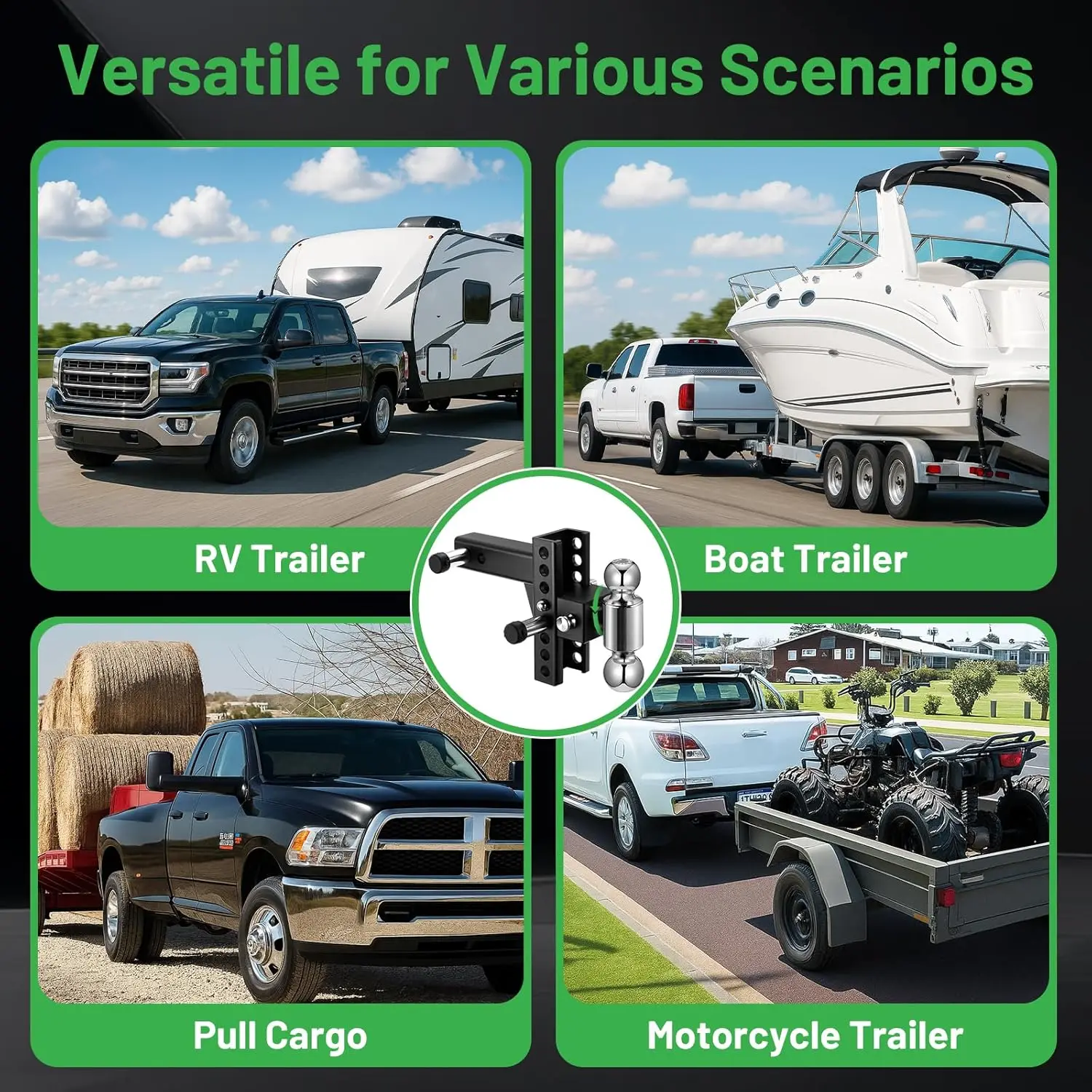 Gancio per rimorchio regolabile, ricevitore da 2', caduta/aumento da 6', 12500 libbre GTW, nero