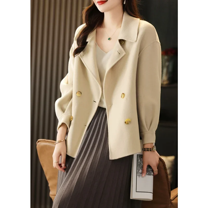 Double-Sided Cashmere Coat for Women, Short Korean Loose, Horn Buckle, Pure 100% Wool, Autumn, Winter, 2024