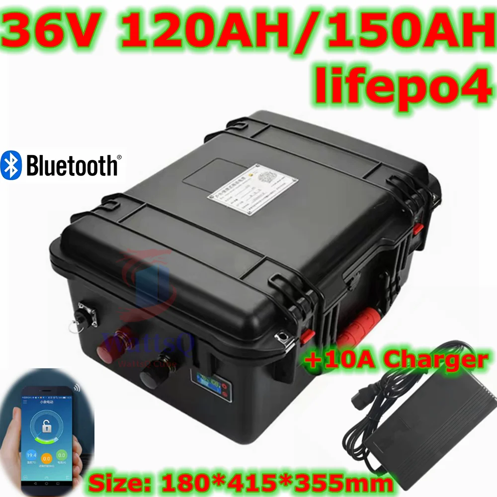 whatproof 36V 150AH lifepo436v 120Ah lifepo4 lithium chargeable battery for 3000w go cart bike scooter boat +10A Charger