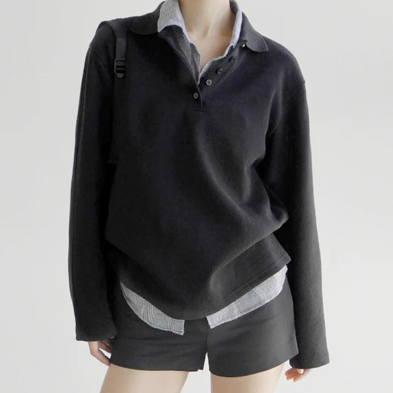 

American Street Style Retro Plaid Fake Two-piece Stitching Loose Long-sleeved Sweater Slim Lapel Joker Shirt