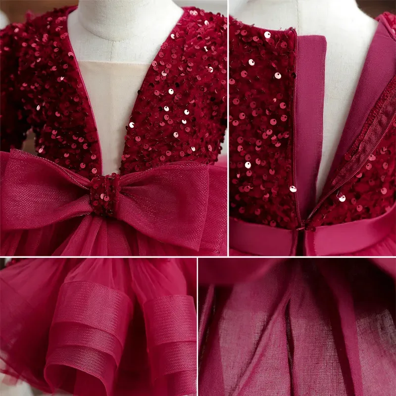 Vestido de lujo de manga larga con lentejuelas para desfile para niñas, vestido de fiesta de cumpleaños y boda, vestido de baile hinchado de primera comunión, vestido hinchado para graduación