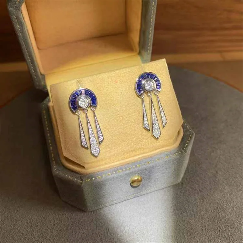 Elegant Vintage Women\'s Lab Sapphire Semicircle Tassels Zircon Drop Earrings 925 Silver Brilliant Anniversary Prom Fine Jewelry