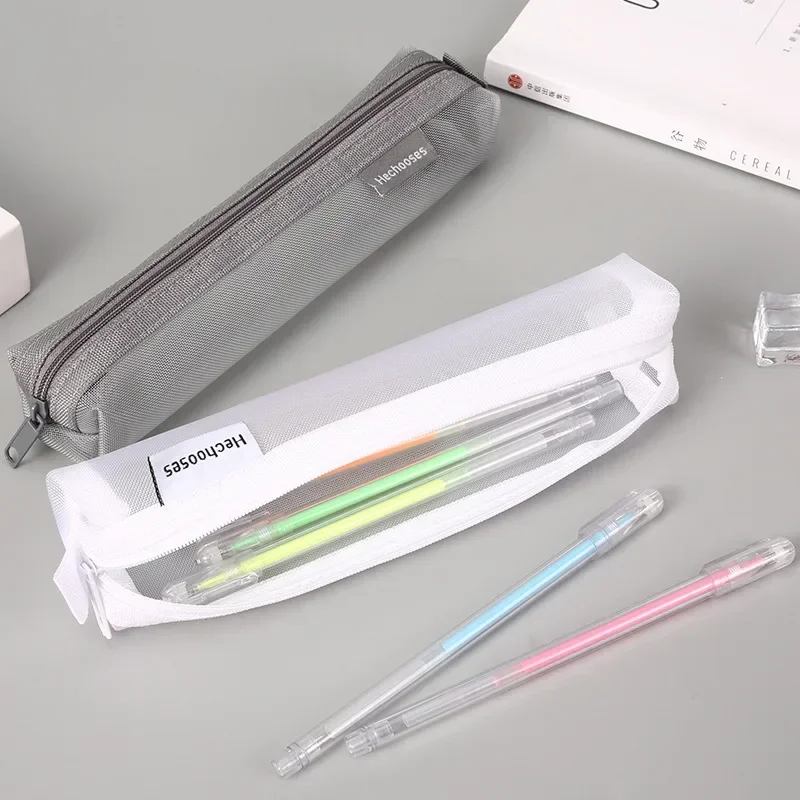 Estuche de lápices transparente de malla Simple, bolsa de almacenamiento para bolígrafos, bolsa con cremallera, Mini papelería portátil, suministros