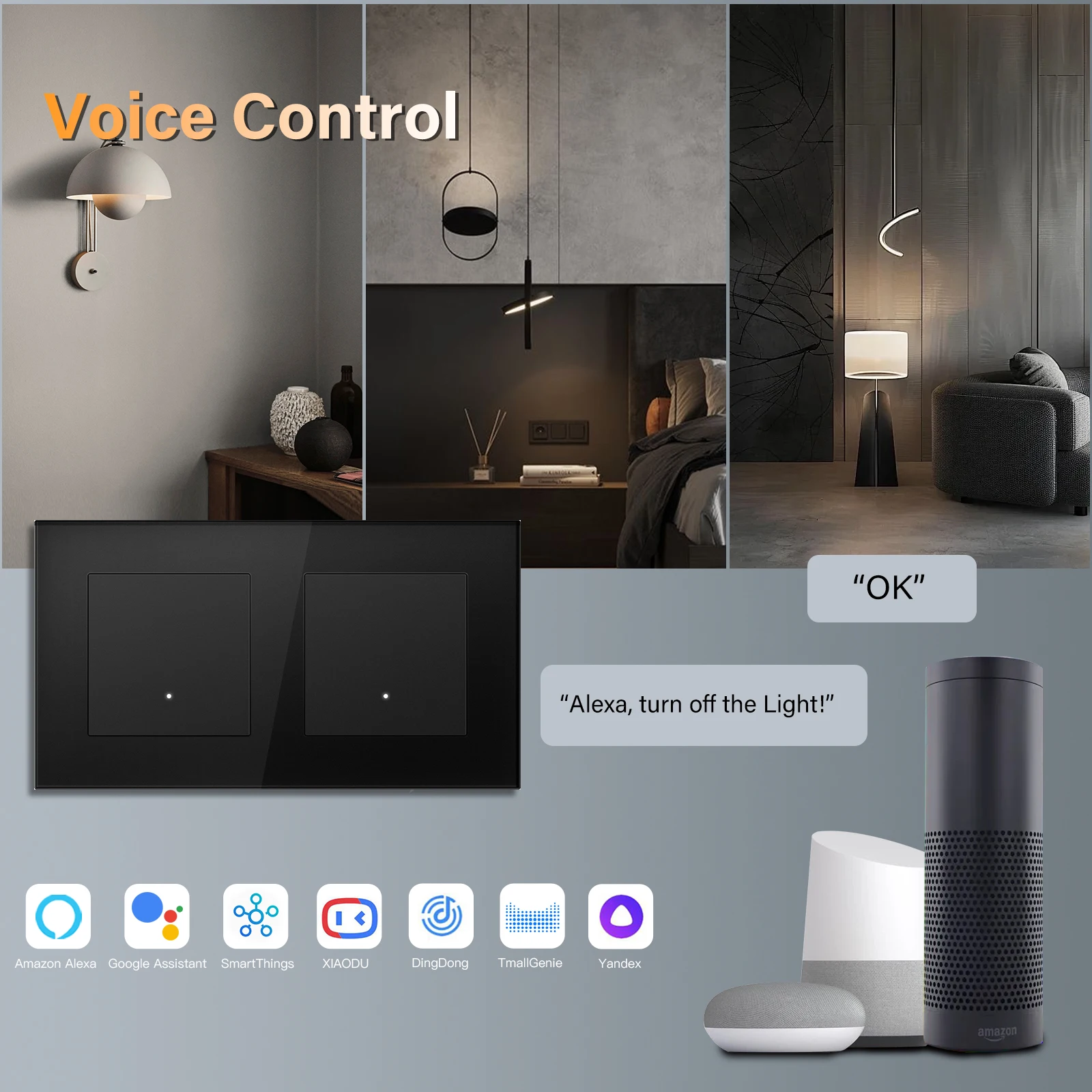 BSEED 1/2/3Gang Wifi Light Switches Mechanical Smart Click Buttons 1/2/3Way Tuya Smart Life Alice App Control Glass Frame Black