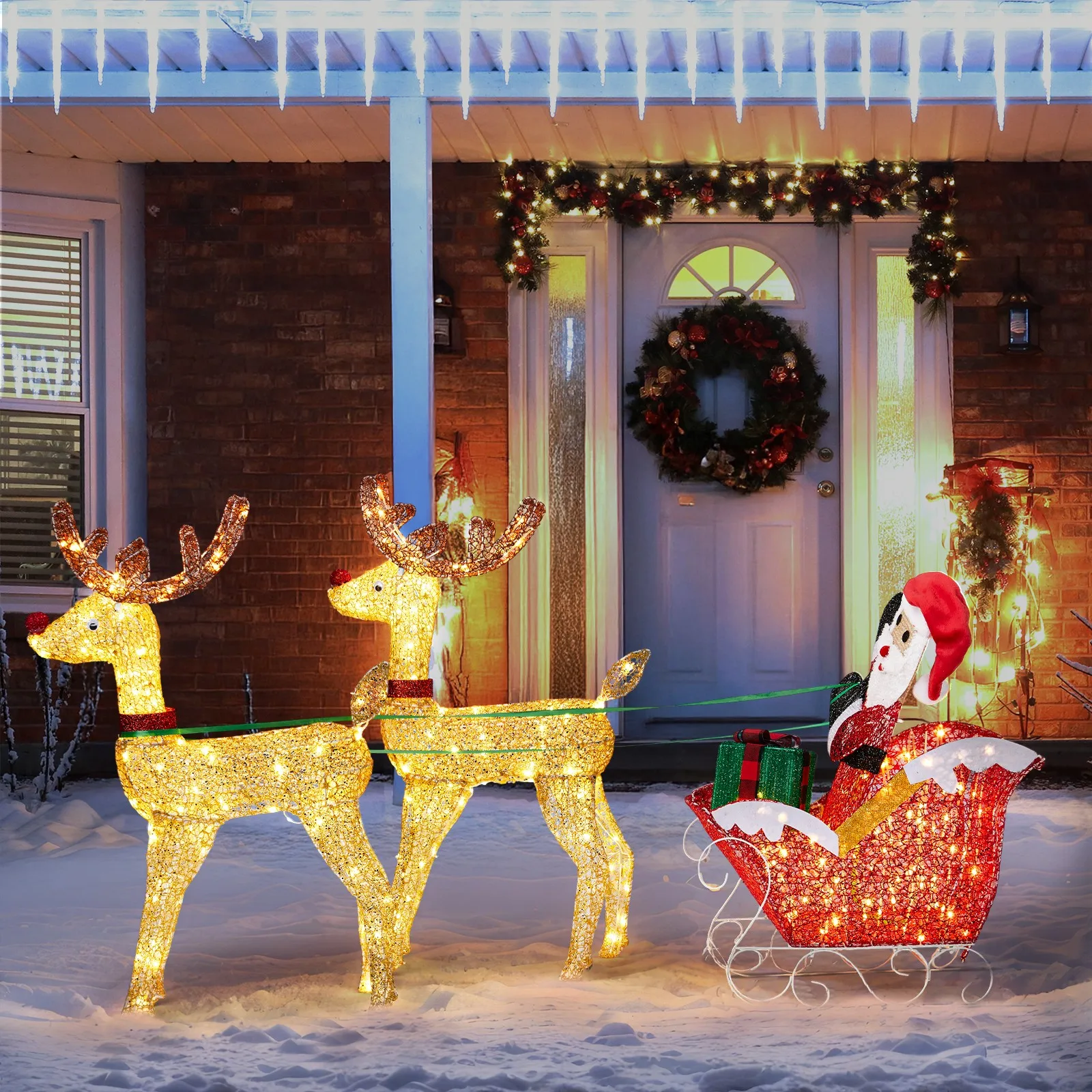 Christmas Lighted 71inch Deer Pulling Old Man Splicing Outdoor Lawn Decor