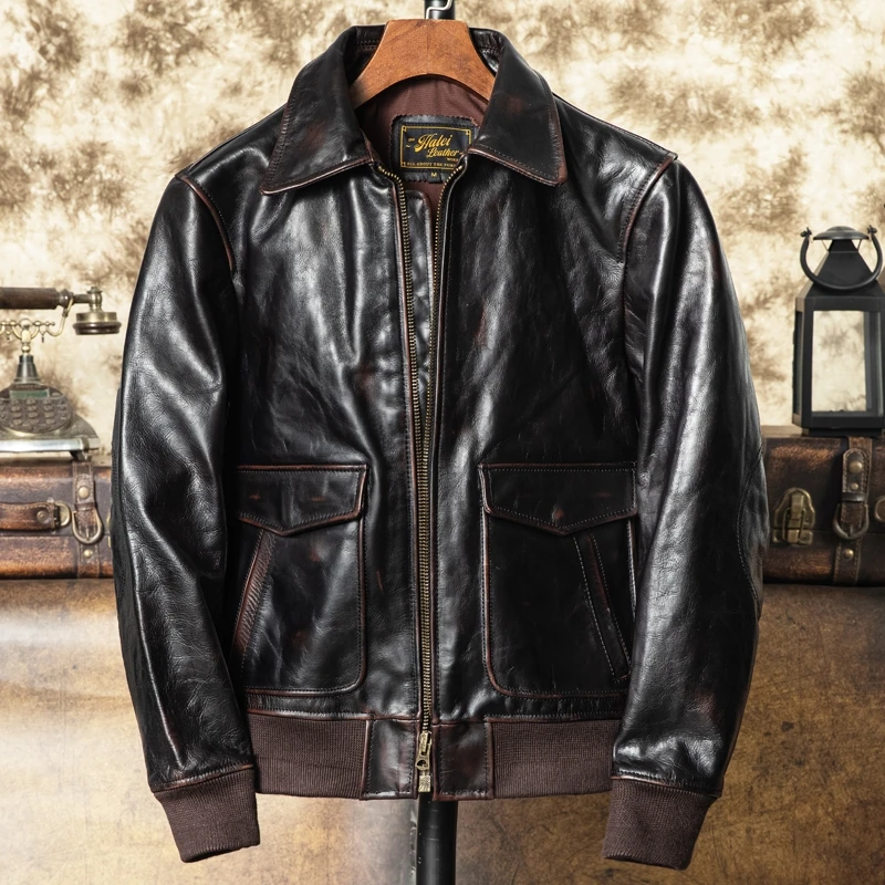 Retro Black Autumn Pilot Leather Jacket Men Military Style Plus Size 5XL Natural Cowhide Aviation Genuine Leather Coat