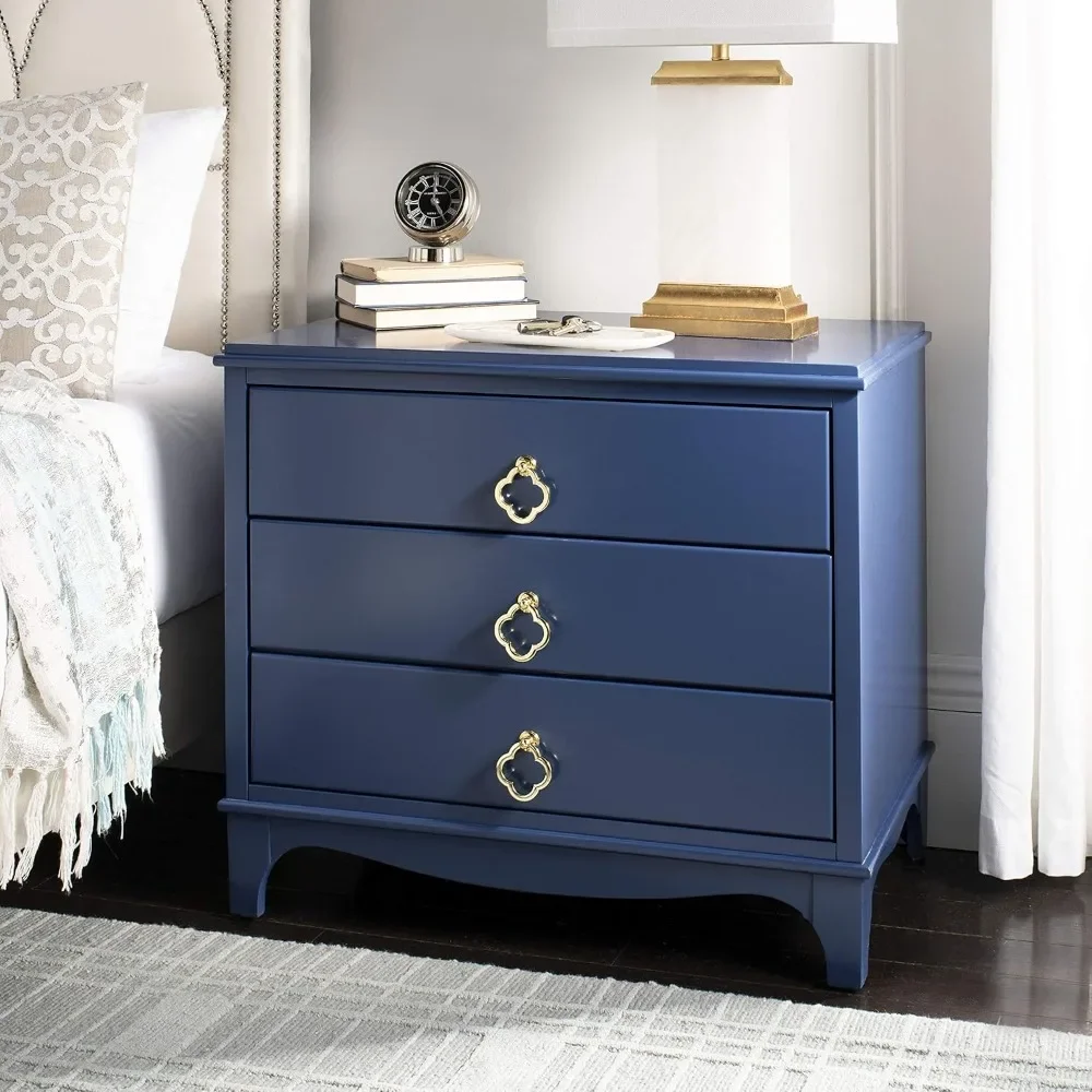 Collection Hannon 3 Drawer Contemporary Nightstand End Table in Navy and Brass - Stylish Storage Solution