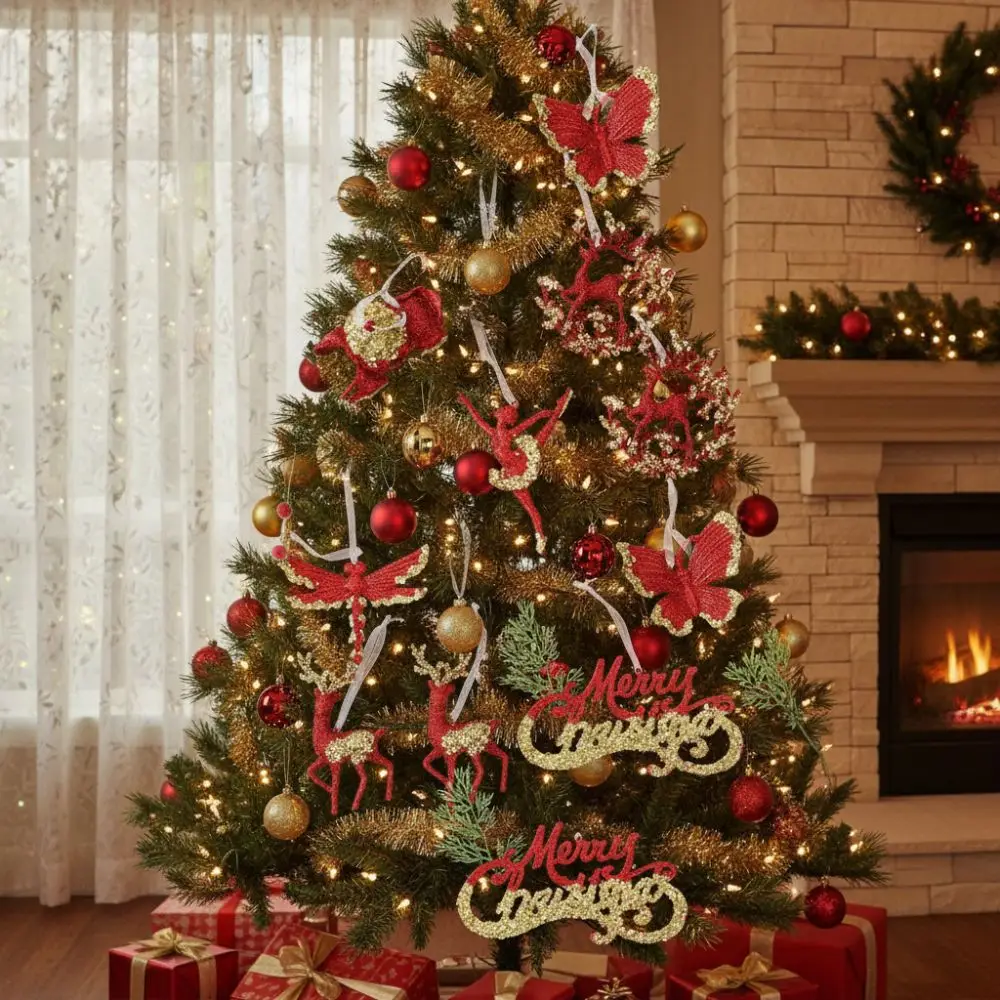 

Gold Sequin Christmas Tree Pendant Butterfly Knot Girl Glitter Snowflake Elk Ornaments Ice Bar Dragonfly Xmas Tree Pendant