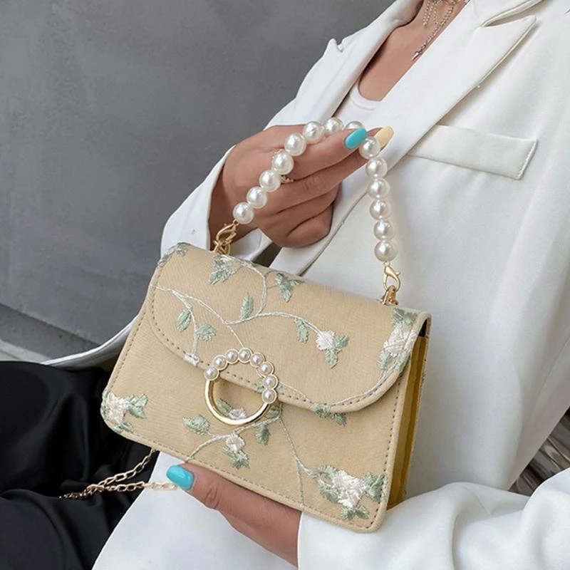 

G5AE Ladies PU Shoulder Bag Lace Floral Embroidery Handbag Bags