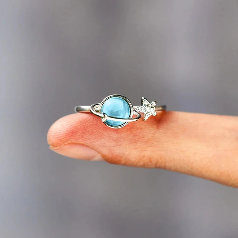 Huitan Creative Blue Planet Star Rings for Women Novel Design Funny Female Finger Rings Dance Party Daily Wear Statement Jewelry