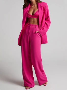 Two Pieces of Loose Leisure Lapels, Long Sleeves, High Waist and Wide Legs Trousers In Spring 2024 Office Wear Women Suits