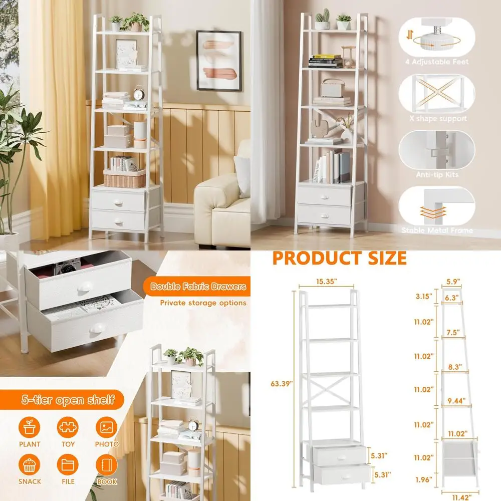 

5-уровневая книжная полка в индустриальном стиле с 2 ящиками, белым деревом и металлом, компактное хранилище для домашнего офиса, спальни, гостиной Ro