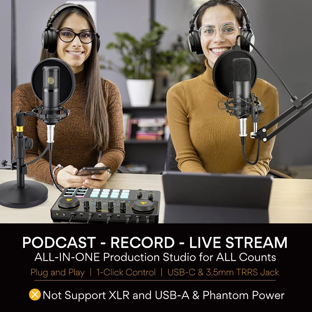 MAONO CASTER Professional Sound Card with 25mm Condenser Studio Microphones Podcast Audio Interface Live Streaming Bundle Mixers