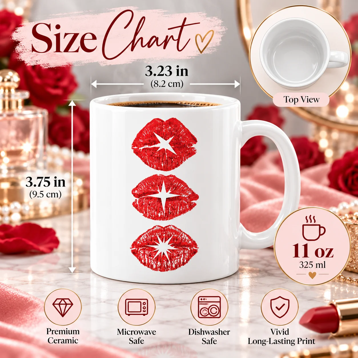 1 pc Sublimation Ceramic Coffee Mug, Vintage Red Lipstick Kiss Lips with Sparkle Star Design Mug, Aesthetic Fashion Drinking Cup
