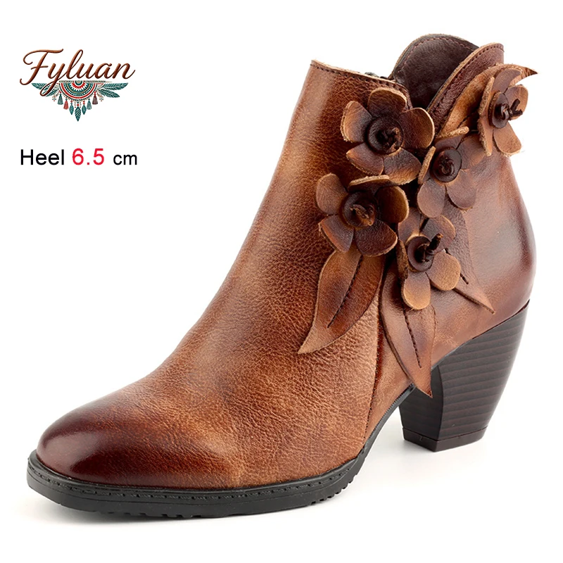 

Winter Retro Original Handmade Flower Genuine Leather Women Ankle Boots Thick Heels Zipper Ladies Pumps Female Short Boots Sho