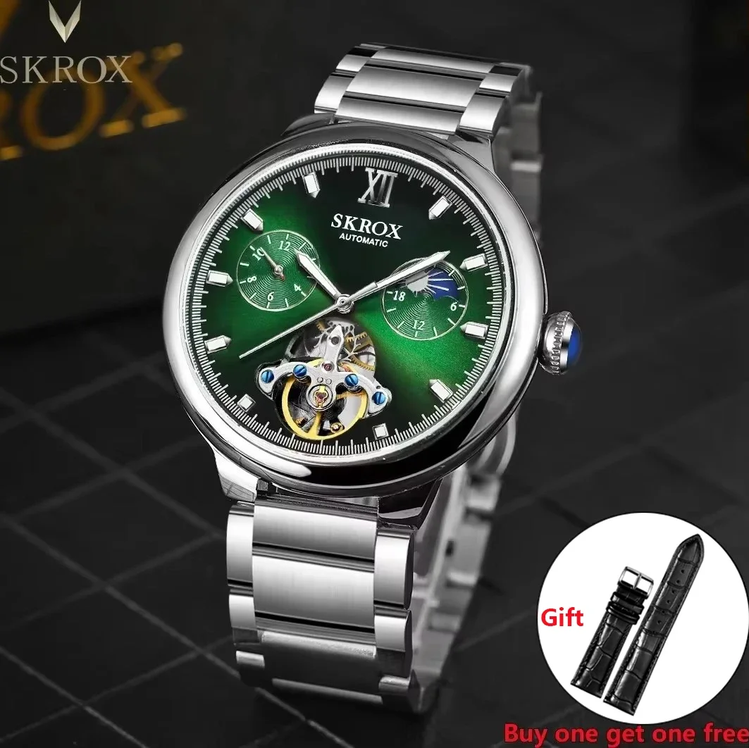

High-end Luxury Brand Green Automatic Movement Clock Stainless Steel Moon Phase Tourbillon Skeleton Mechanical Elegant Man Watch