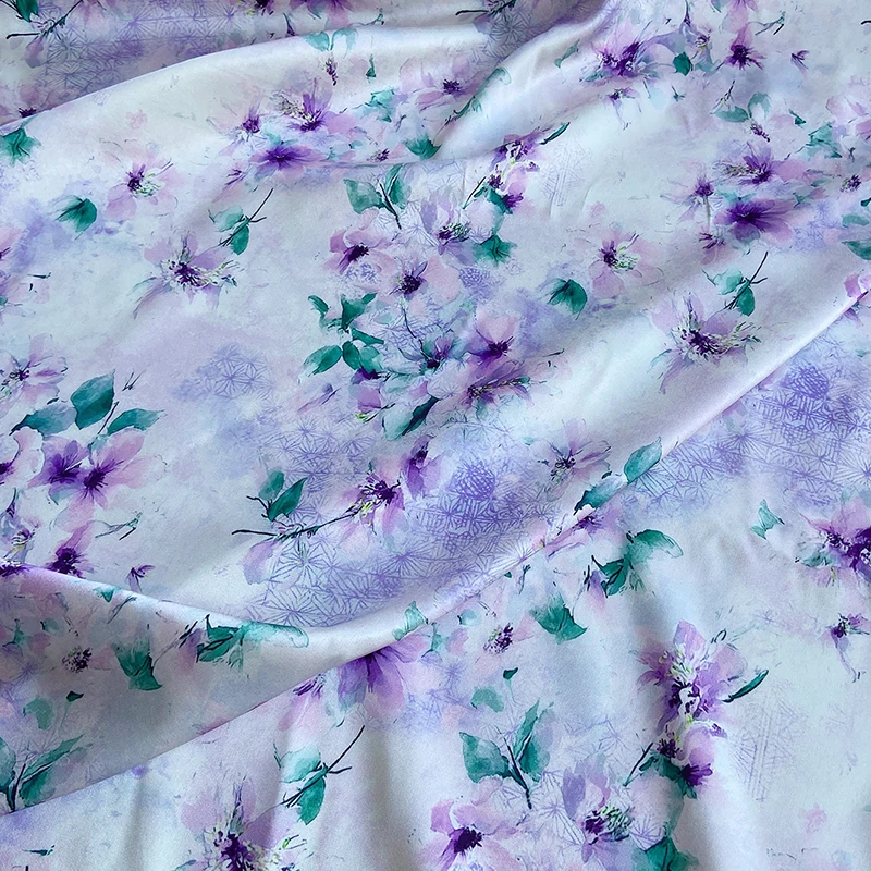 Purple Pink Floral Printed Silk Fabric for DIY Sewing Pajamas Stretch Silk Satin Fabric for Comfortable Dress Pants R6580-35