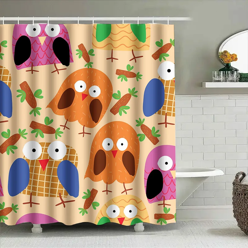 

Яркая занавеска для ванной с птицами, 3D занавеска для душа с мультяшной совой и морковным дизайном для украшения ванной комнаты, персикового цвета (180x245 см)