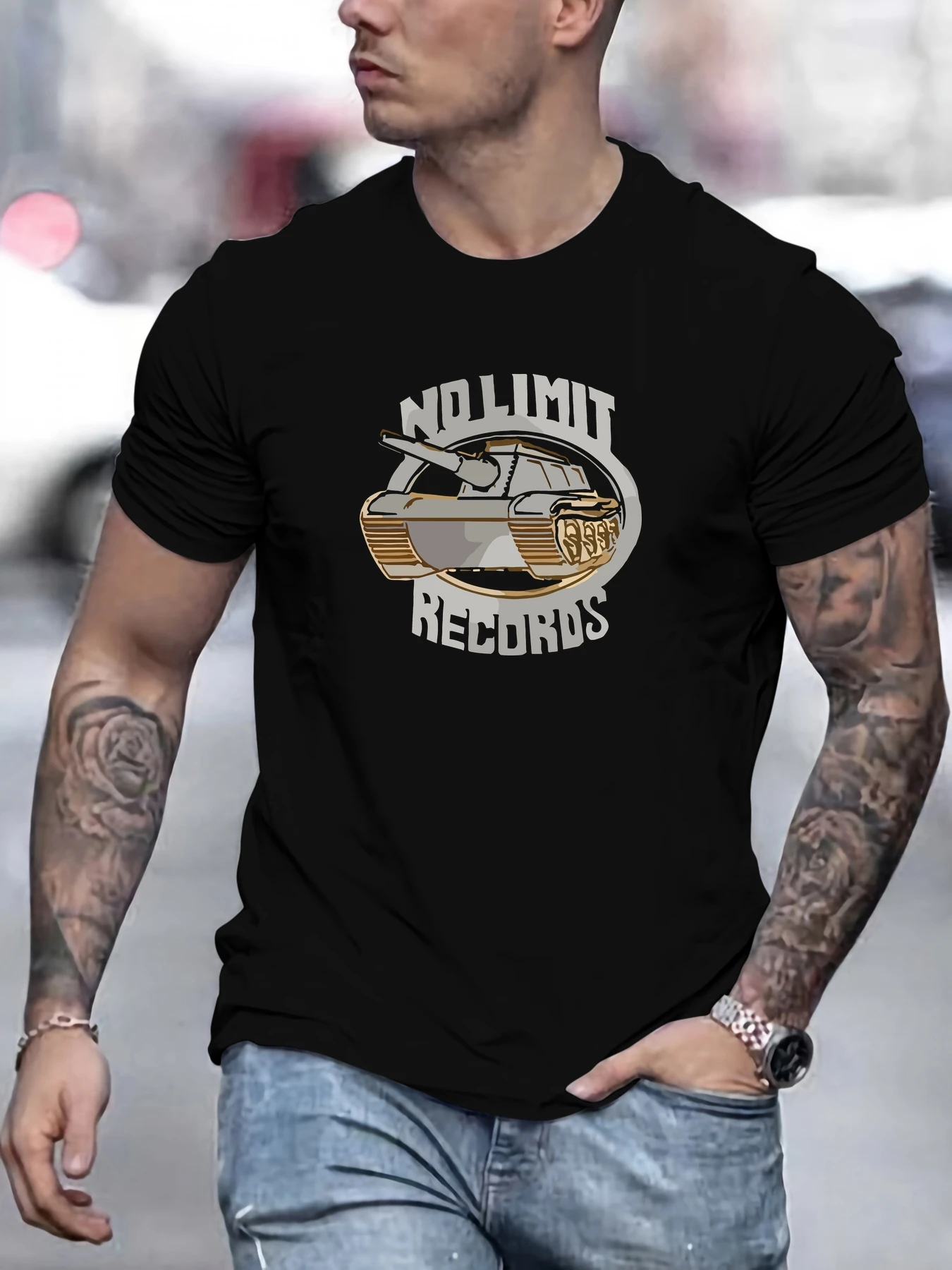 

Men's NO LIMIT RECORDS pattern summer casual crew neck short T-shirt