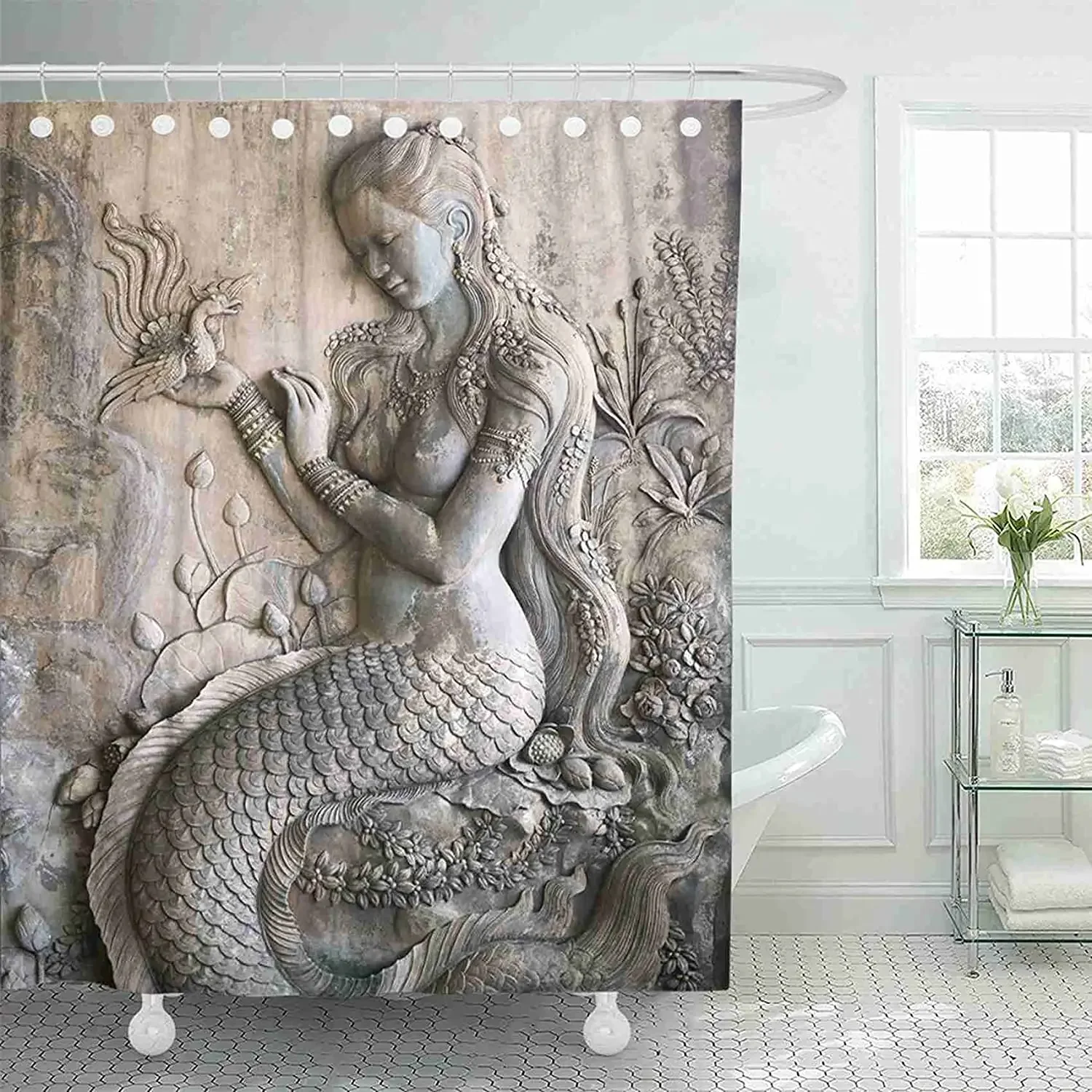 Mermaid Woman Stucco Decorative Bathroom African American Shower Curtain With Snap Classy Black Art Hooks Included