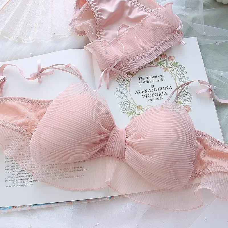 New Japanese Bras Lolita Girls Folds Bow Lovely Underwear Set Mesh Sweet Rimless Bra Comfortable Sweet Cute Bralette Sets